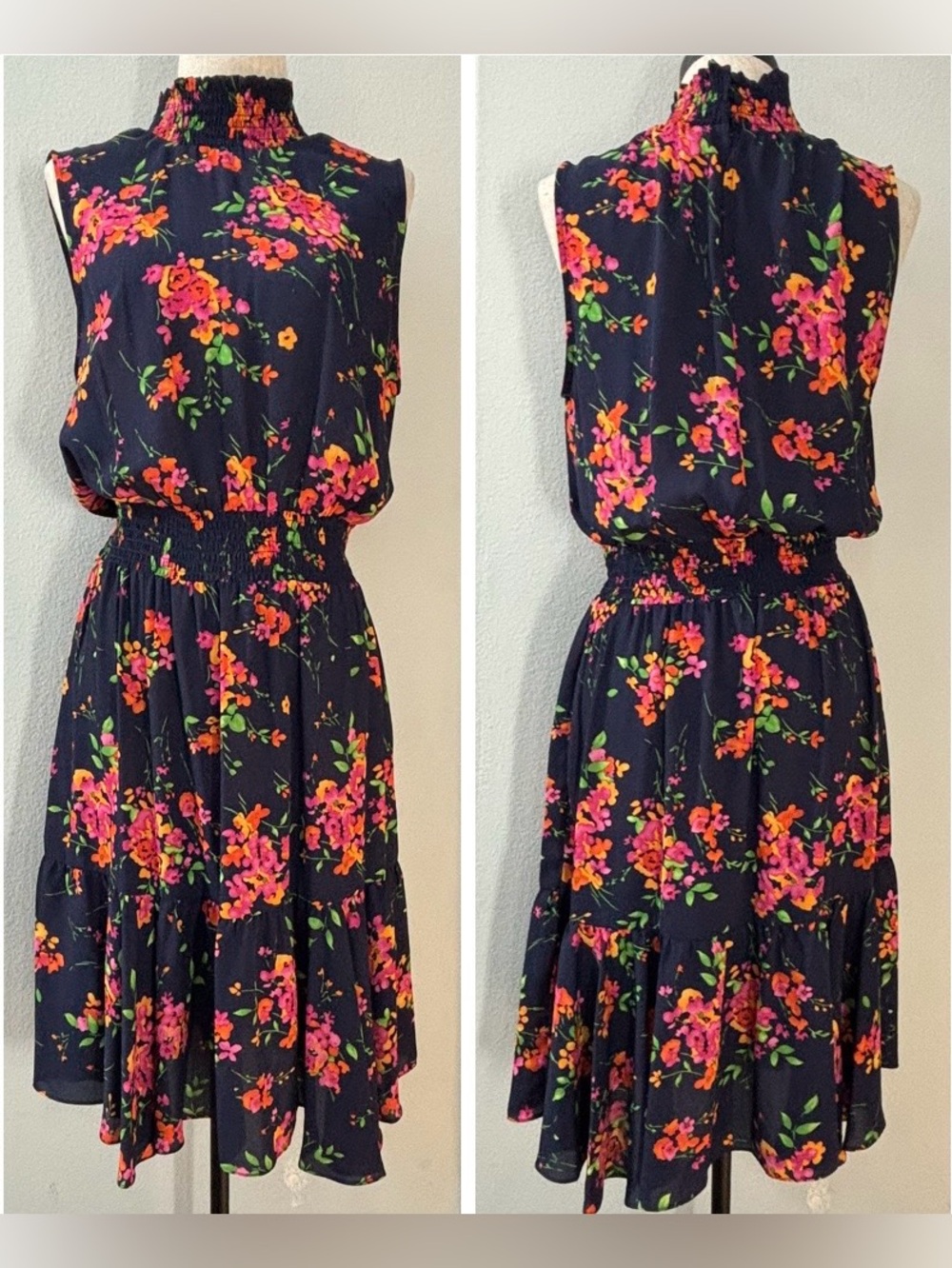 women’s Nanette Lepore navy floral smocked mock neck sleeveless sz 10
